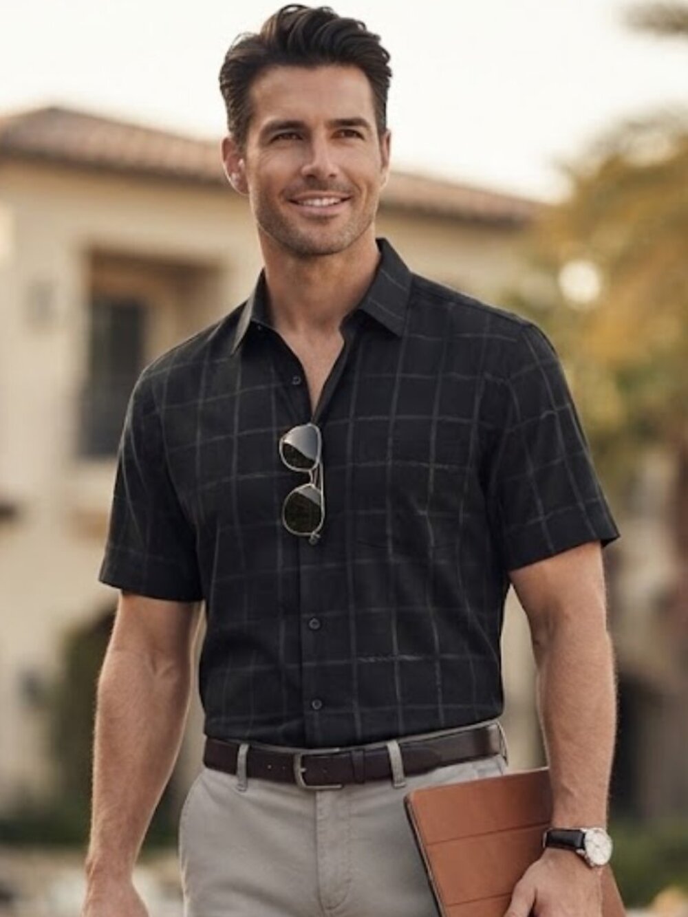 Bruno Mens Black Plaid Short Sleeve Button Down Shirt Sueded Microfiber Size XL